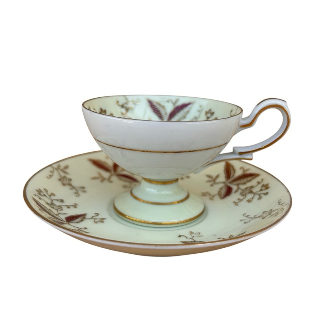 Occupied Japan Vintage Porcelain Ivory Maroon Gold Footed Tea Cup & Saucer Set